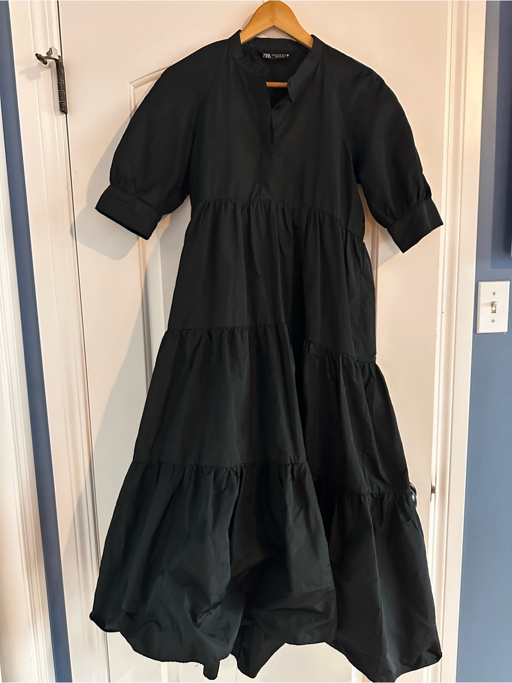 Zara Black Tiered Midi Dress with Puff Sleeves